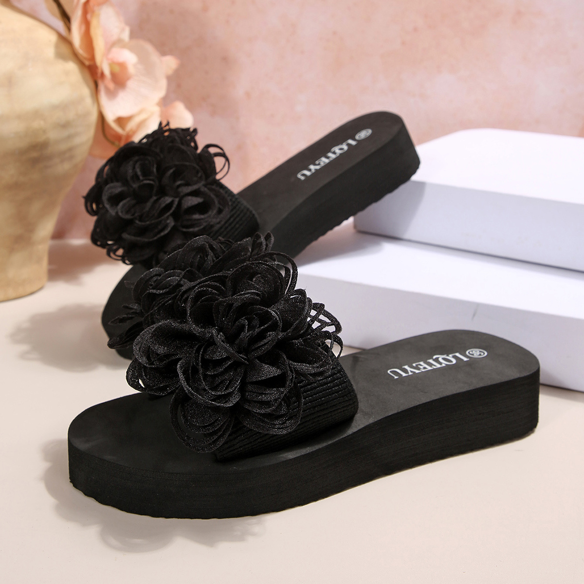 TEMU Women's Summer Casual Fashion Straight-cut Low Heel Slides With Floral Decoration, Comfortable Flat Beach Style Sandals, Very Suitable For