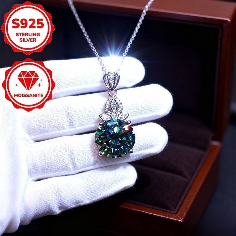 925 Sterling Silver Moissanite Pendant Necklace, Bohemian Style