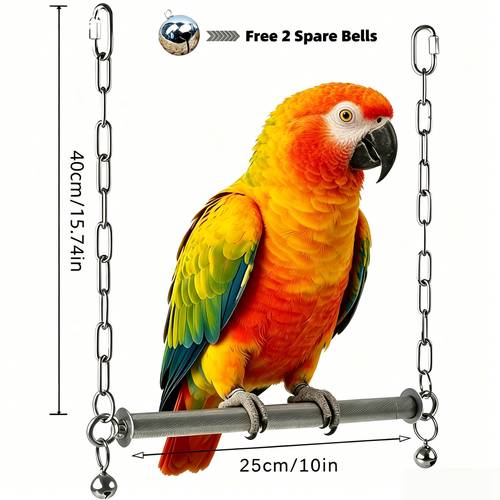 Stainless Steel Large Bird Swing, Heavy Duty Hanging Parrot Perch , Claw Grinding Cage Toy for Macaw, , Roosteratoo, And Large Birds, Free 2 Spare Bells