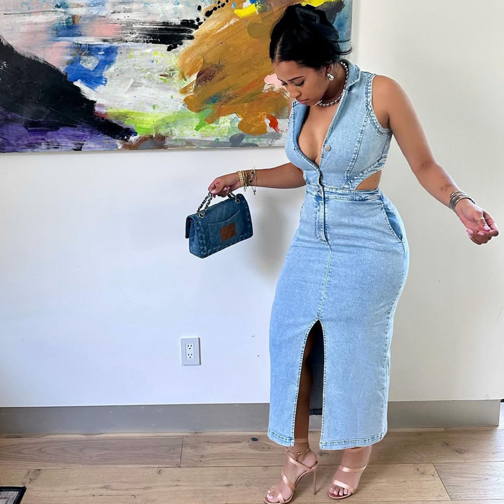 contemporary dress designs Wrangler Women's Denim Slit Front Maxi Dress