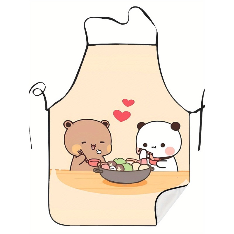 TEMU 1pc Bbq Apron Dudu Panda & Bear Print Apron - Cute Cartoon Kitchen Apron With , Durable Fabric For Cooking, Baking, Household Chores - Hand