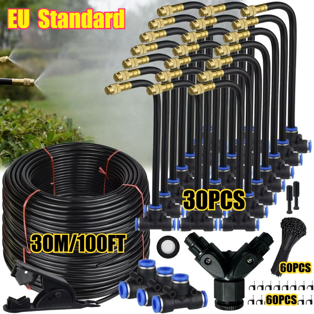 Image of 30m/100ft 1/4-inch Drip Irrigation Kit, 30pcs Adjustable Flexible Mist Nozzle Diy Garden Water Automatic Micro Sprinkler Cooling Kit For Lawn, Greenhouse, Patio Plants Watering