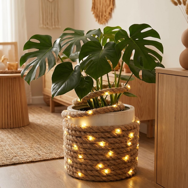 TEMU Hemp Rope + String Lights Combo - Extra Long 300cm (118.10 Inch) Diy Hemp Rope String Lights, Warm White, Battery Operated (no Power Cord Or ),