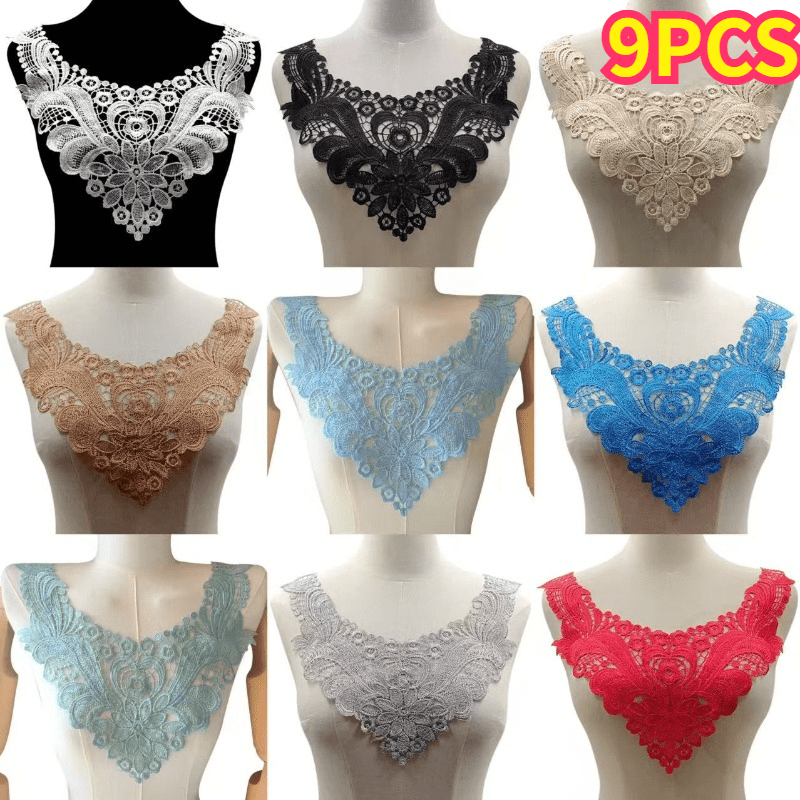 TEMU Set Of 9 Elegant Water-soluble Embroidered Lace Collars - Featuring Floral And Lace Edges Black And Beige Designs, Made From Lightweight