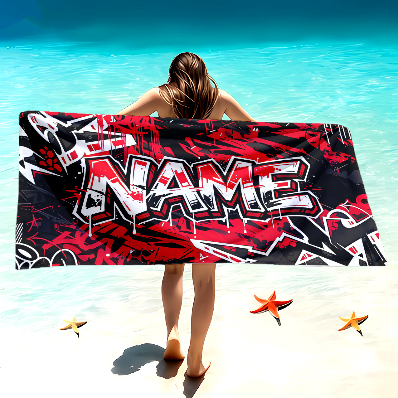 TEMU 1pc Red And Graffiti Letter Print Beach Towel | Customizable With Self- Name And Exclusive Logo | Lightweight, Quick-drying, Large Towel |