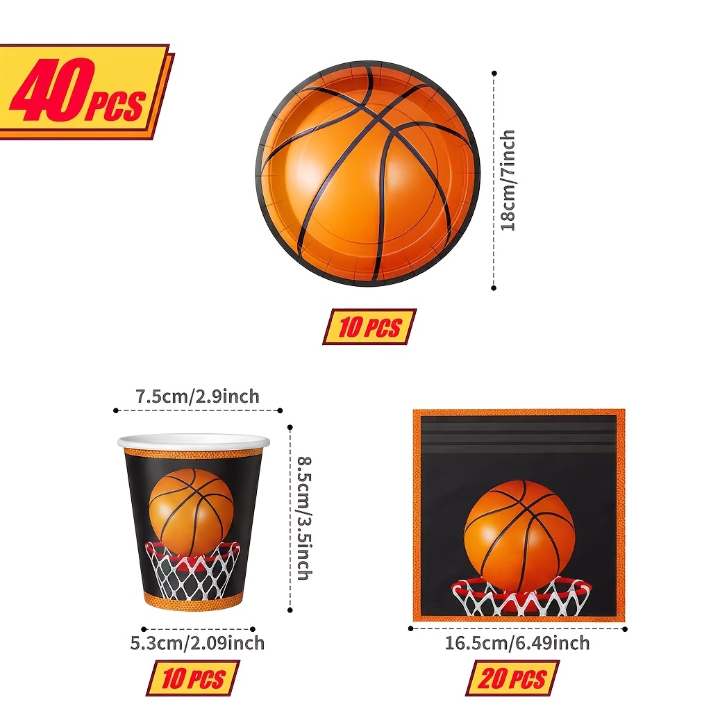 TEMU 40pcs, Basketball Sports Theme Disposable Party Tableware Set, Paper Plate And Cup Napkin Set, Including 10pcs 7-inch Paper Plates And 10pcs