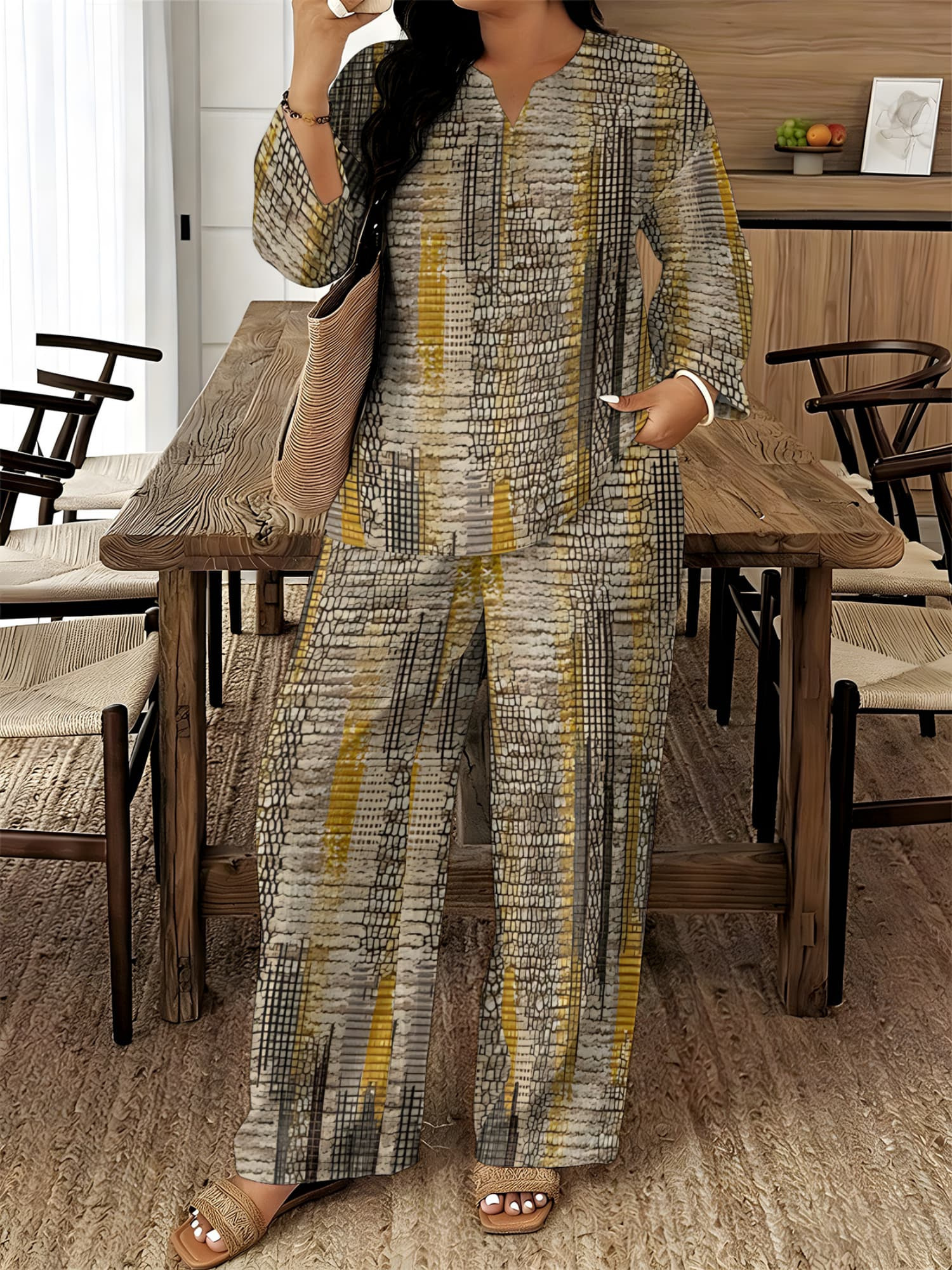 womens standard size 2pcs set with long sleeves and long pants   summer v neck   long sleeve printed shirt   with elastic waist long pants 2pcs set   machine washable fabric