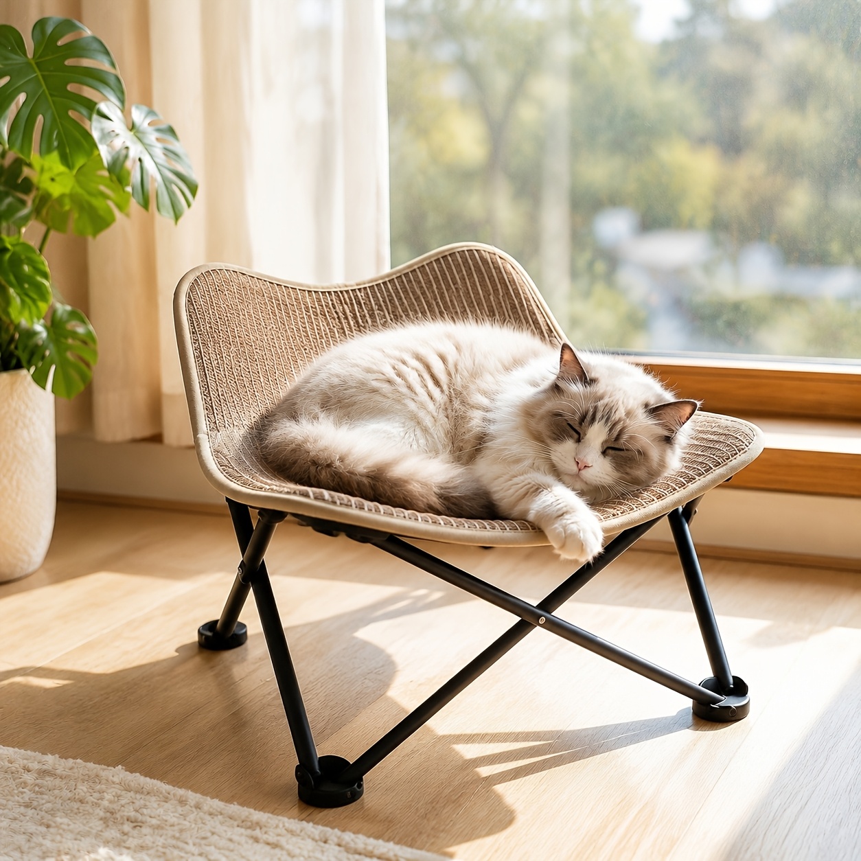 Natural Sisal Foldable Elevated Pet Camping Bed, Scratch Resistant Cat Scratcher Lounge Chair, Breathable Cooling Kitty Sofa Bed, Stable Foldable Portable Pet Hammock Bed For Small