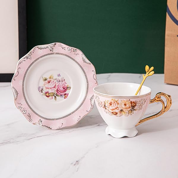 1pc elegant floral tea cup and saucer set - elegant  -pink & golden porcelain   service with matching spoon, large 7oz cup, dishwasher safe - wedding, housewarming, birthday, mother s day gift - vintage tableware for everyday or formal dining - antique orange  ,  , & cadmium-free, ideal for latte, cappuccino, tea, espresso, cups for tea,   bar accessories,  , teacup,   Product details 3