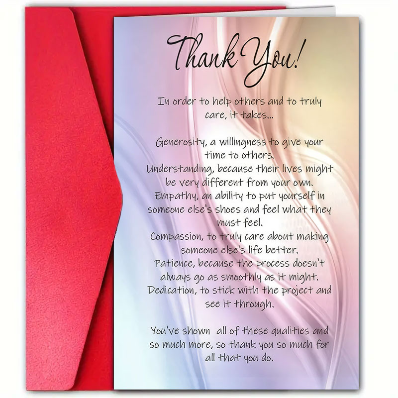 TEMU 1pc Thank You Card With Envelope, 4.72 X 7.09 Inches - Parents, , And Any Occasion - Expressing Gratitude And Encouragement, High-quality Paper,