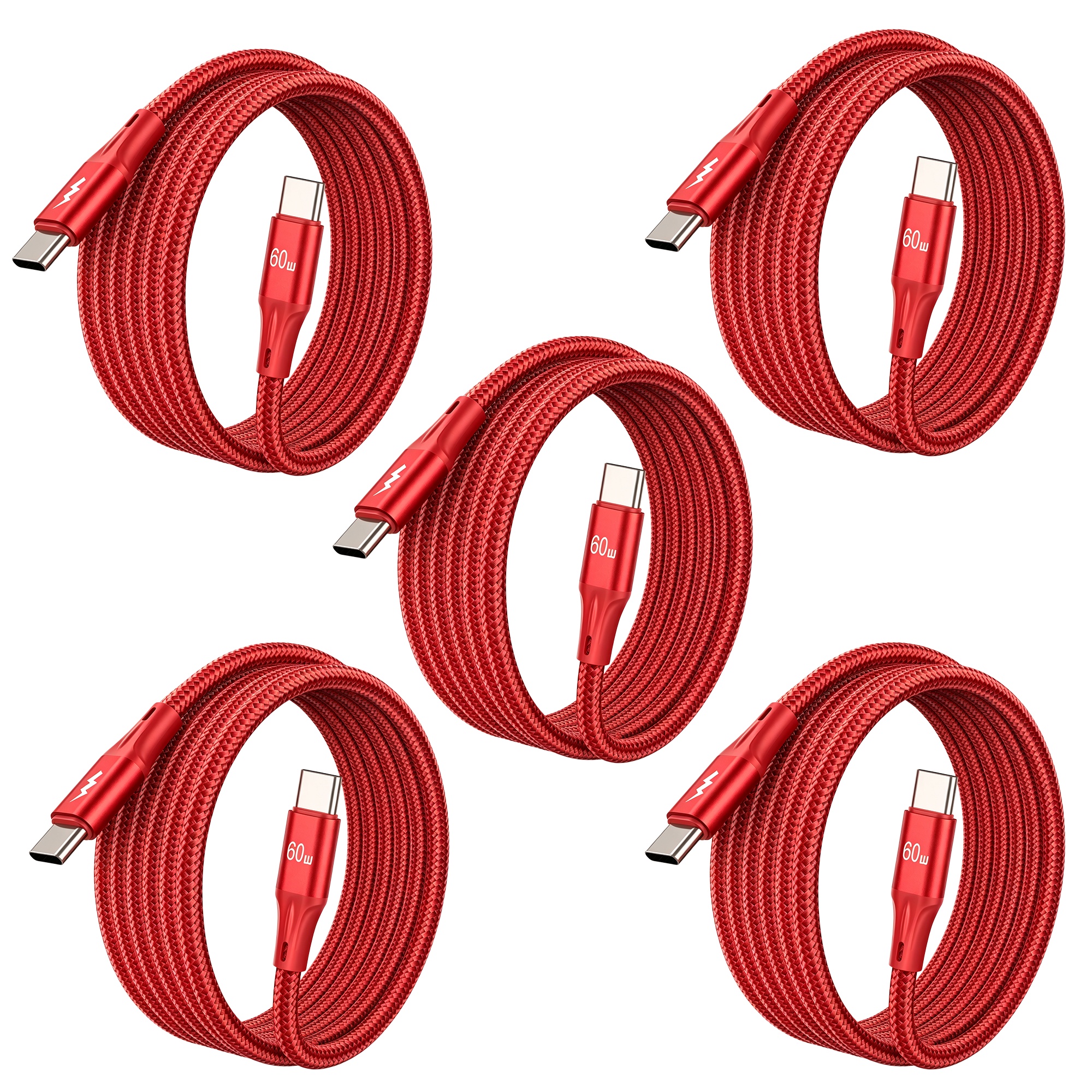 5pcs USB to USB-C Cable 60W Fast Charging, Durable Braided