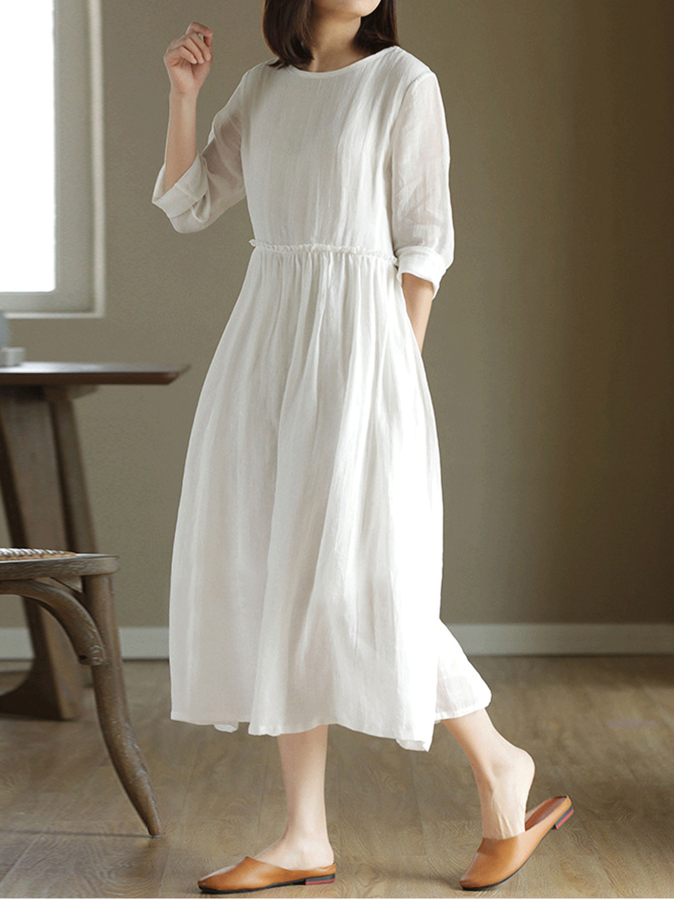 dress womens white linen high waist artistic loose round - Temu