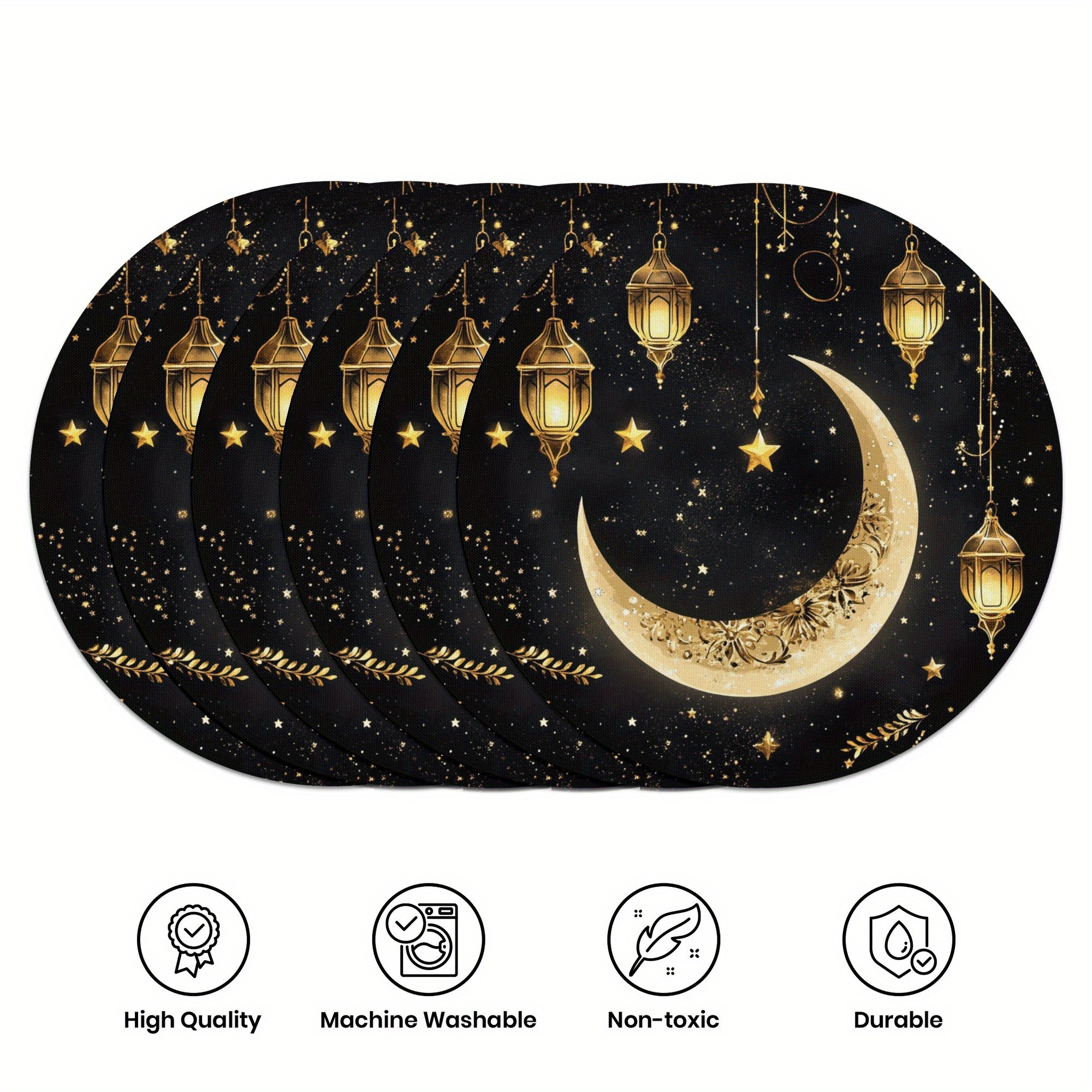 

6pcs Elegant Ramadan Moon & Lantern Table Mats, 15" , Non-toxic Polyester, Machine Washable - Party, Kitchen & Restaurant Decor, Ramadan Decoration