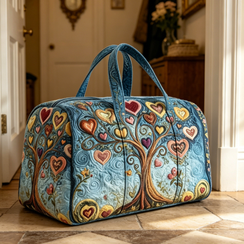 Image of Large Quilted Tote Bag And Travel Bag, Tree Of With Three-dimensional Colorful Love Embroidery, Non-woven Weekend Short Bag, Spacious Casual Shoulder Bag, Bohemian Tote Bag