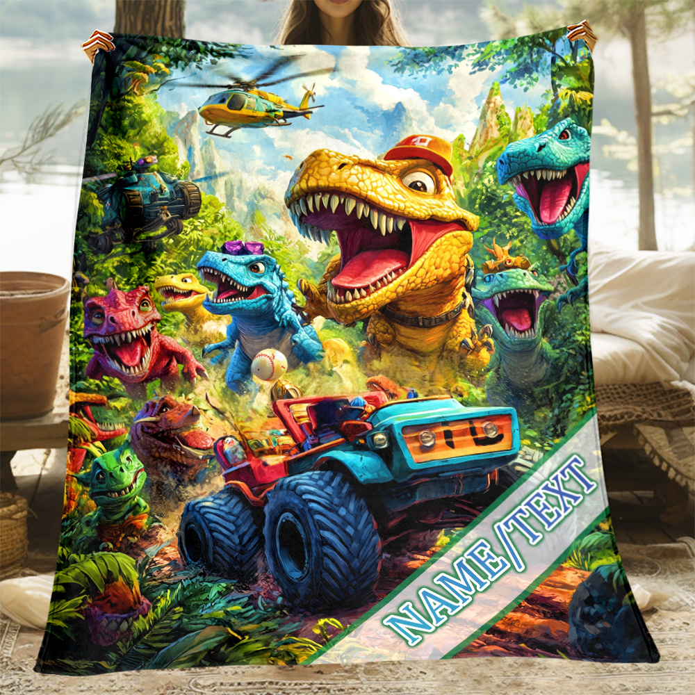 

Personalized Dinosaur Cartoon Flannel Throw Blanket - Soft, Lightweight & For Couch, Bed, Travel & Office - Custom Name Option - Perfect Gift For Family & Friends