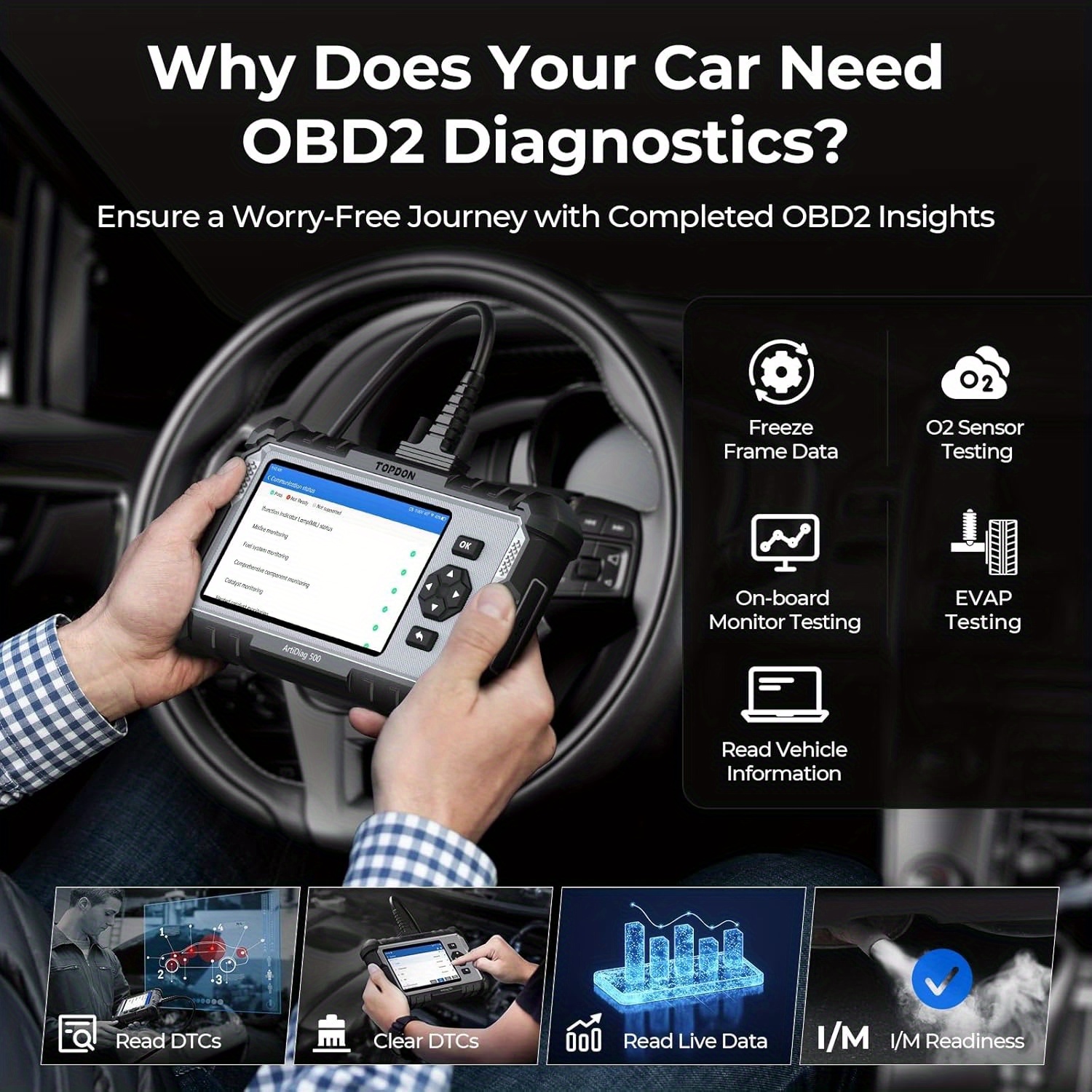 TOPDON AD500 OBD2 Scanner Car Diagnostic Tool, Engine ABS SRS Transmission Diagnostic Tool, FCA Auto Certified, CAN FD Protocol, Oil/Throttle/SAS/TPMS/BMS/EPB Reset Car Scanner, Free Upgrade DIY