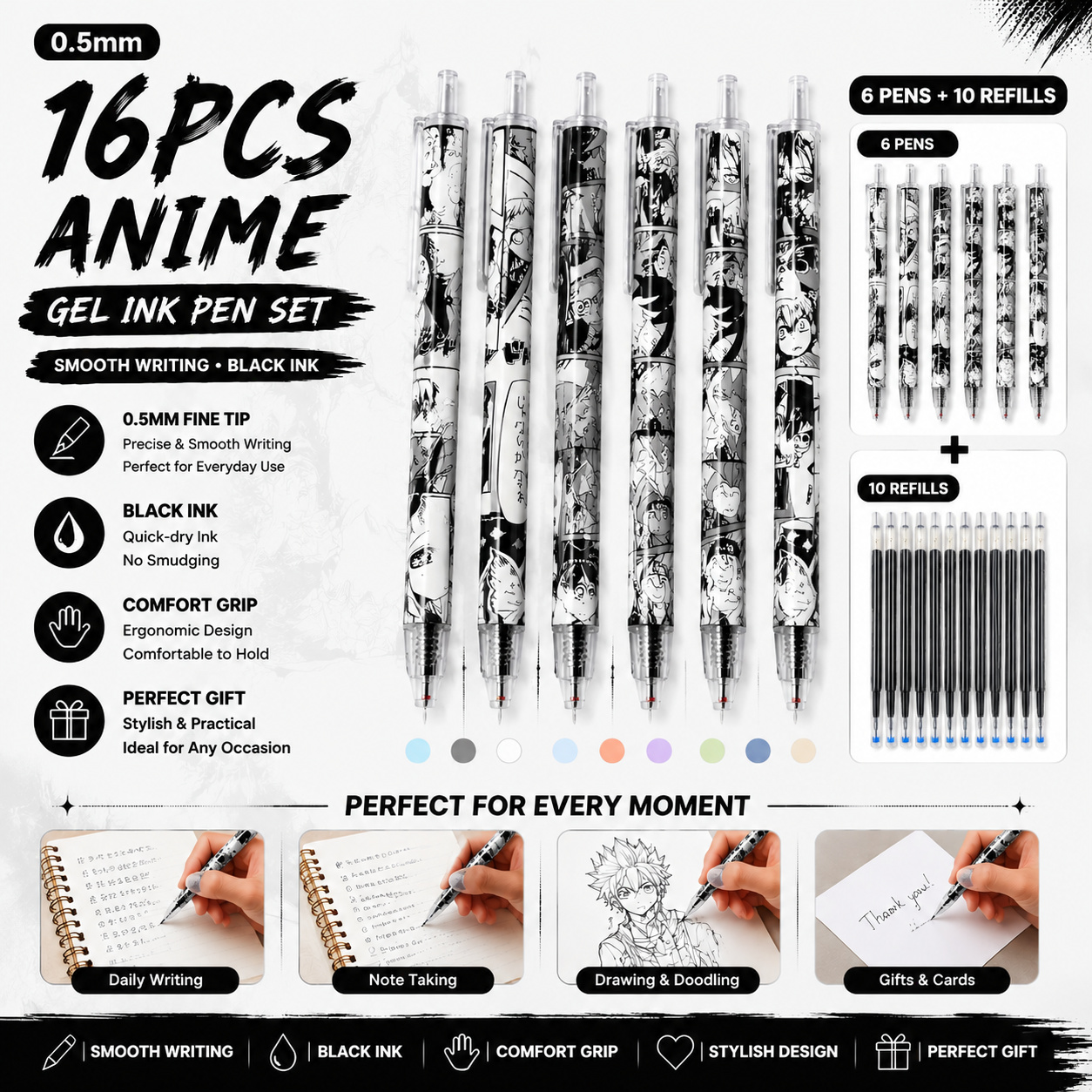 TEMU 16pcs Black Patterned Neutral Pens Set, Medium Tip, 0.5mm, Black Ink, Back-to-, Study Stationery, Quick-dry, Office And School Supplies (6pcs