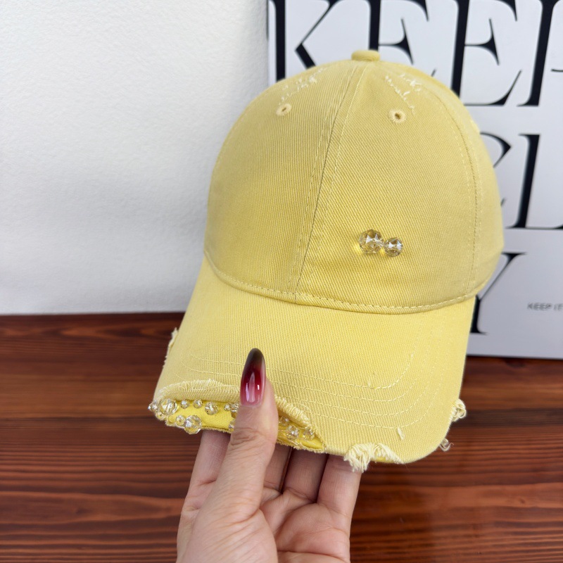 TEMU Spring And Summer Crystal Embellished Ripped Baseball Cap, New Versatile Style For Women, Makes Smaller, Sunshade Duckbill Cap