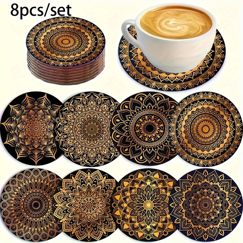 E-shop 8 Stück Goldene Mandala Untersetzer - Schwarz und Gold mit kunstvollem Design, Hoch saugfähig & langlebig, geeignet für Kaffee, Tee, Getränke -