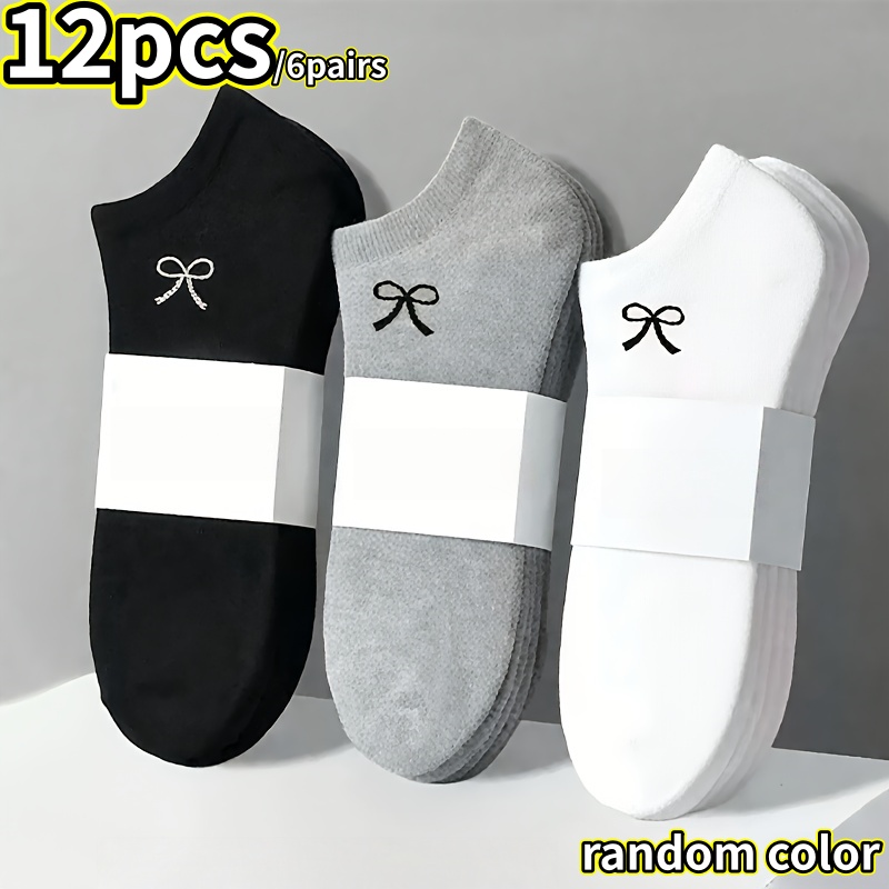 TEMU 12pcs/6pairs Women's And Unisex Bow Short Socks - Breathable, Suitable For Spring And Autumn, Invisible Compression Socks, Designed For Thick