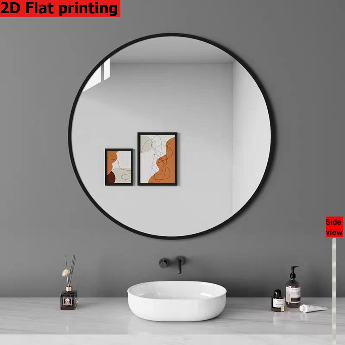 Espejo de tocador moderno minimalista para pared, 40.01 cm, impresión plana 2D, marco negro, plástico ligero, anti-rotura, fácil de instalar, no requiere perforación, acrílico transparente, tema de dibujos animados, ideal para baño, decoración del hogar