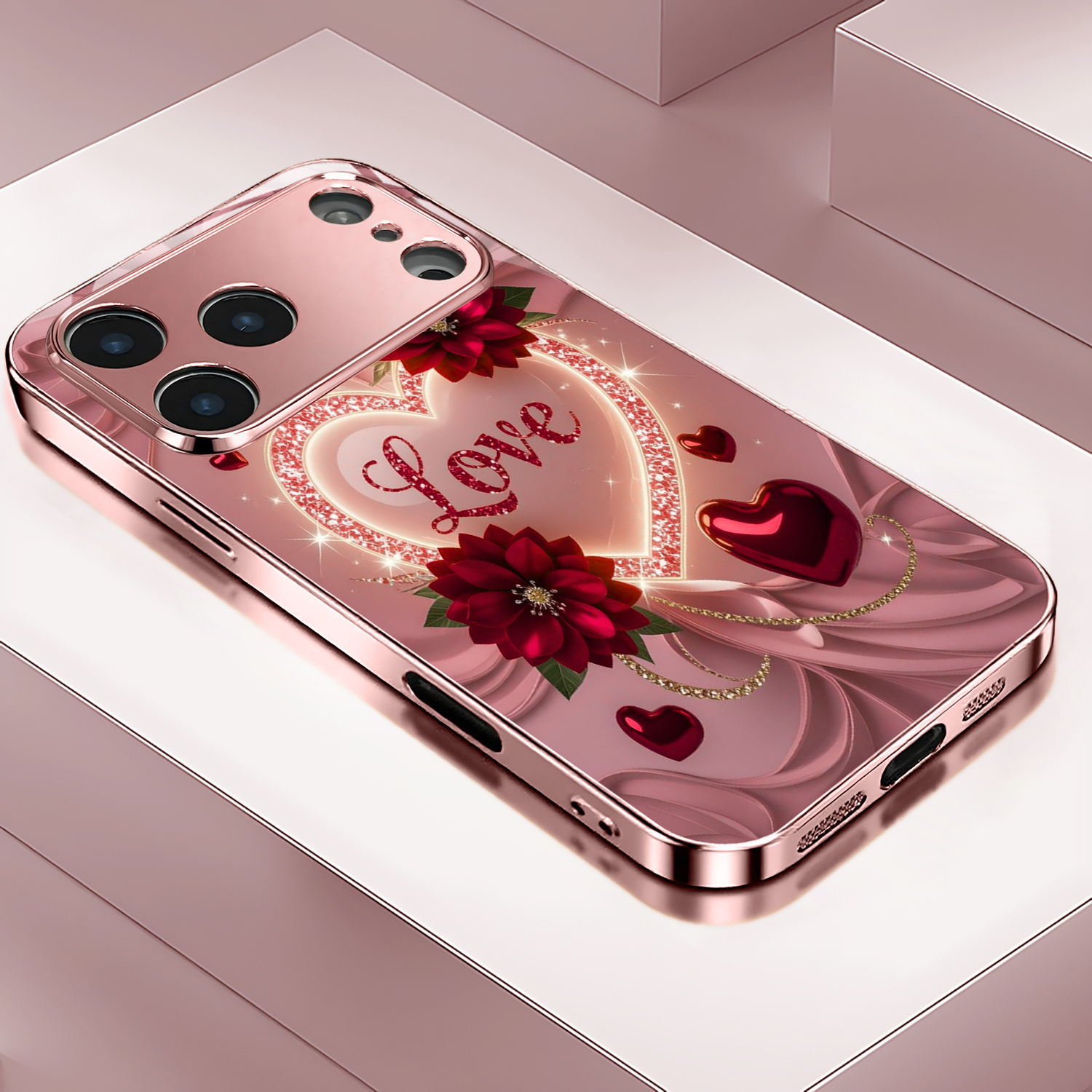 TEMU Electroplated Glass Phone Case With Romantic Heart , Light Simple Elegant Style With Camera Protection, Compatible With Iphone 17, 16, 15, 14,