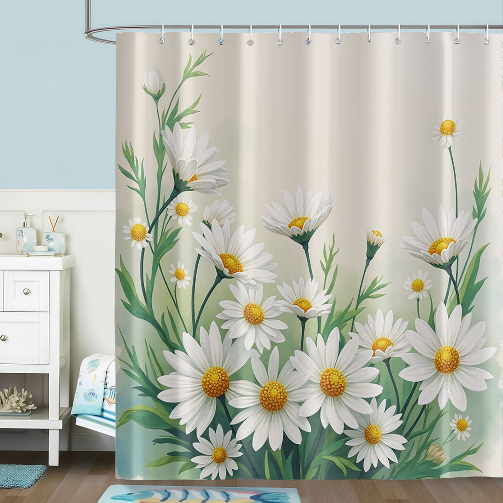 TEMU 1pc White Daisy Pattern Printed Shower Curtain, Fresh And Elegant Country Style Home Decor Bathroom Curtain, Bathtub Curtain With 12 Hooks,