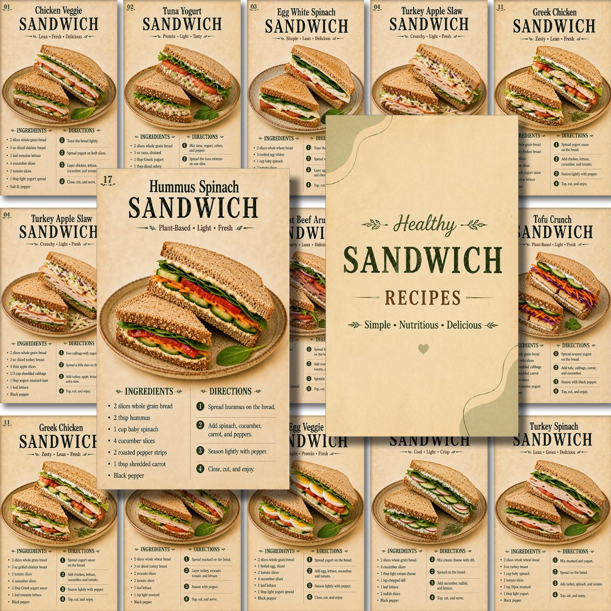 TEMU 21pcs Healthy Sandwich Recipe Cards, Low-fat Easy Sandwich Recipes, Easy Nutritious Meal Ideas, English Cooking Cards For Meal Prep, Kitchen And
