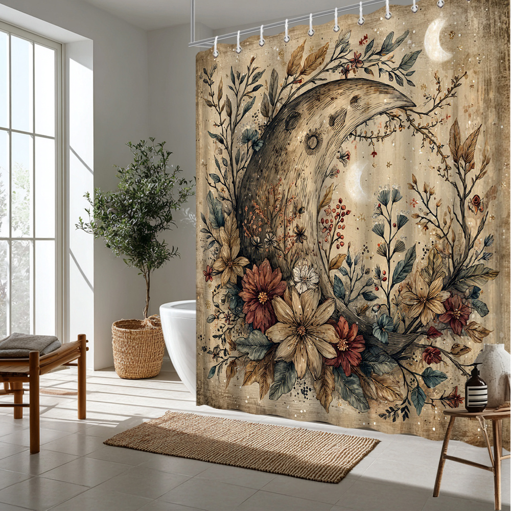 2d Flat, 1pc 2d Flat Moon Floral Shower Curtain Bathroom Hanging Curtain Vintage Botanical Design With Celestial Elements Flower Theme 70.8x70.8 Inch With 12pcs Hook, 2d Flat