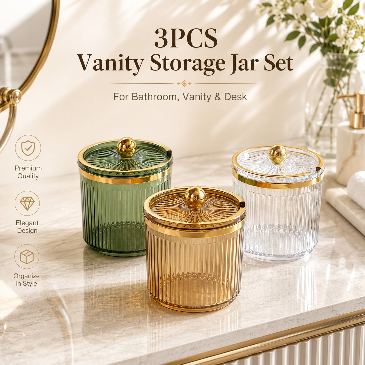TEMU 3pcs Luxury Vanity Storage Jar Set â Minimalist Bathroom & Makeup Organizer | Green Tea Transparent Colors | Premium Plastic Ps Canister Set,