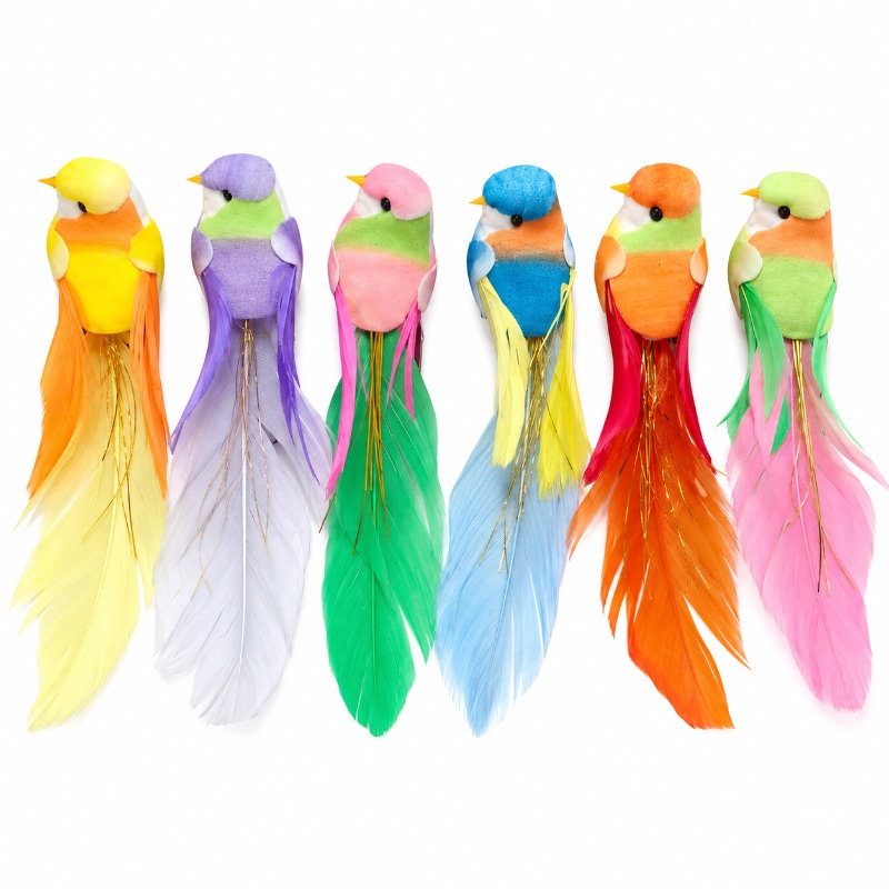 TEMU 6-pack Multicolor Artificial Birds Decor 14cm Long-tailed With Clips Foam Material Wreath Branches Christmas Party Decoration Ornaments