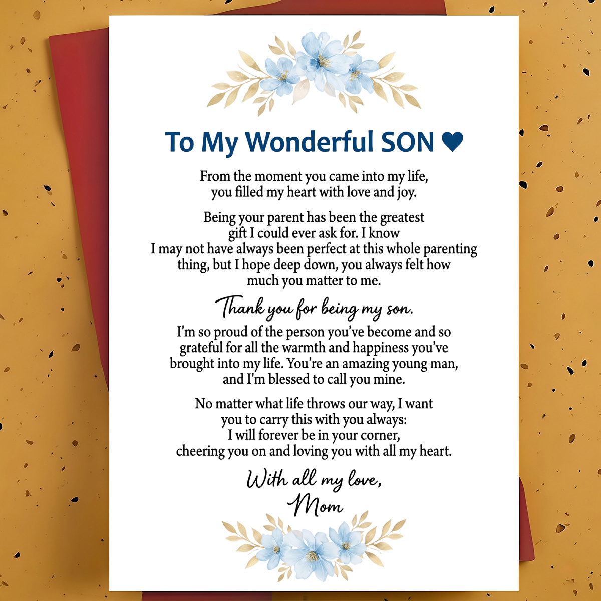 TEMU 1pc Birthday Greeting Card For Adult Son, Son – Blue Floral Watercolor Illustration, Loving Message Card, With Envelope