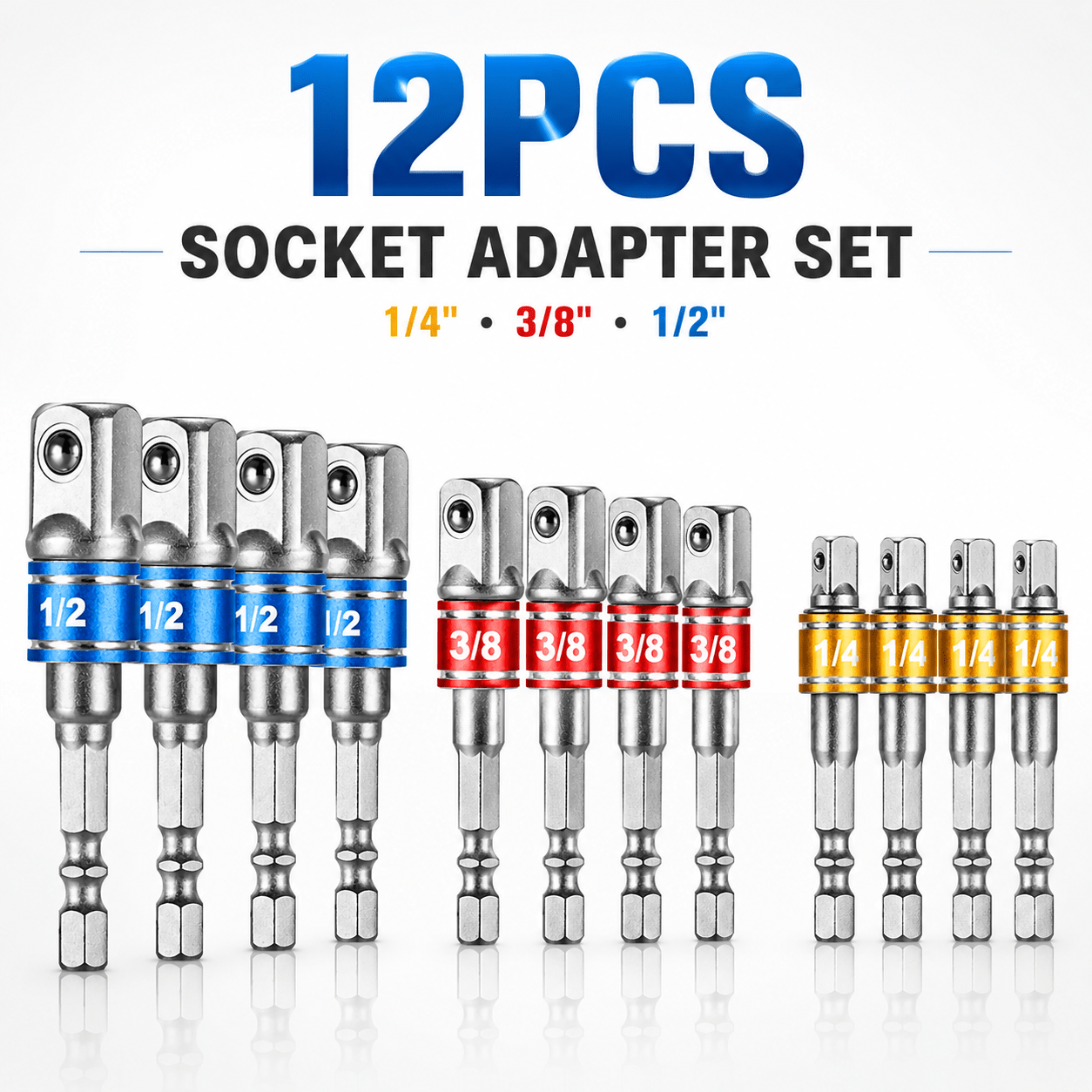 TEMU 12pcs Socket Adapter Set, 1/4" Hex Shank To 1/4" 3/8" 1/2" Square Drive, Impact Grade With Bearing, For Drill, Impact Driver, Cordless Tools,
