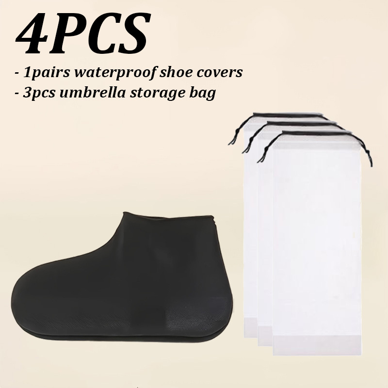 E-shop 4-teiliges Kombi-Set für Regentage: Wiederverwendbare Latex-Überschuhe (rutschfest/regendicht) & wasserdichte Regenschirm-Aufbewahrungstasche –