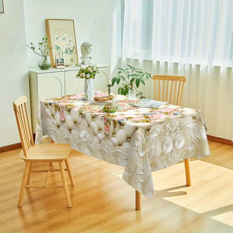 

Elegant 3d Rose And Pearl Yellow Tablecloth - Luxurious Polyester, Rectangular Design For Indoor Living Room Or Outdoor Picnic Decor, Outdoor Picnic Cloth|floral Patterned Cloth| Embroidery