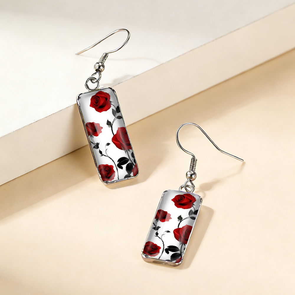 1 Pair of Rectangular Dangle Earrings with Rose Patterns