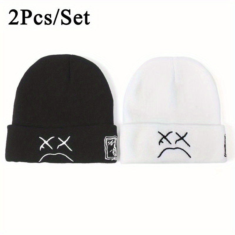 TEMU 2-pack Unisex Embroidered Acrylic Skull Caps, Knitted Fashion Hip Hop Hats, Warm Outdoor Headwear For Couples Casual Wear