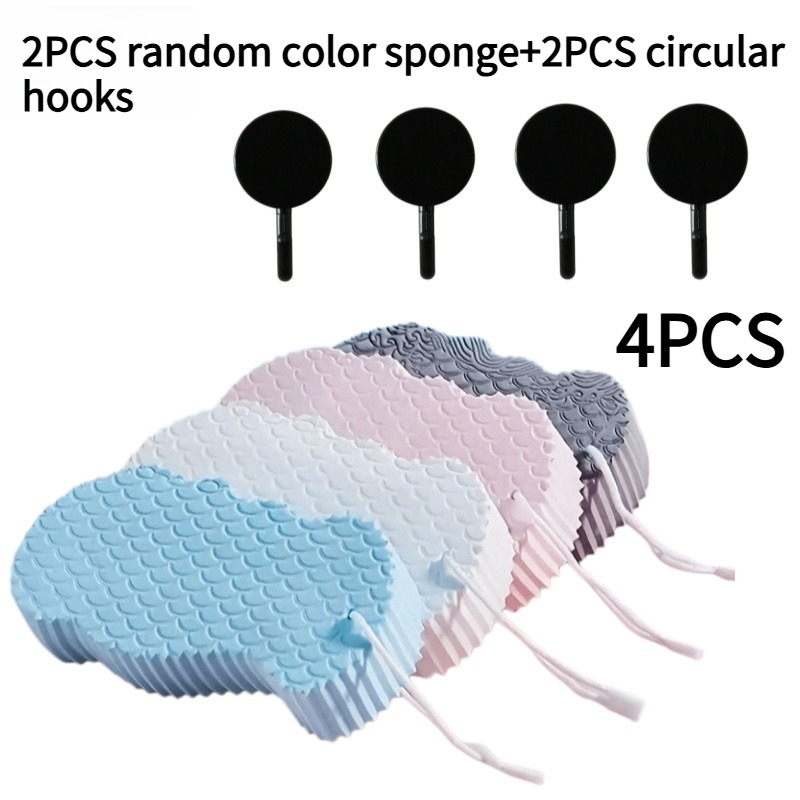 TEMU 4pcs Set (2pcs Fish Scale Exfoliating Bath Sponges And 2pcs Black Self-adhesive Hooks), Soft Body Scrubber Sponge, Hanging Shower Scrub Pad For