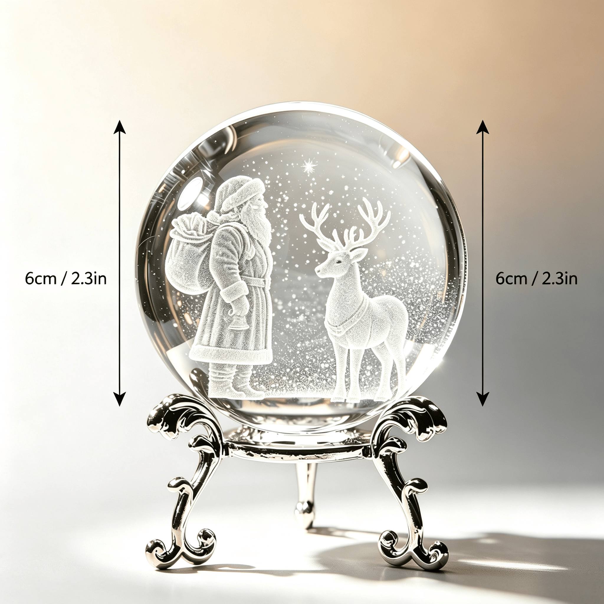 TEMU 3d Laser-engraved Santa Claus, Reindeer, And Snowflake Crystal Ball Ornament With Vintage Carved Silvery Metal Display Stand Set,