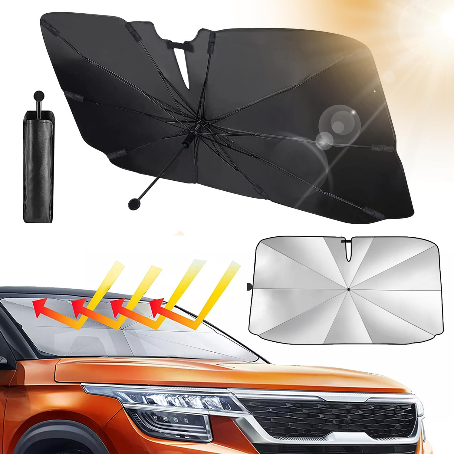 1pc Foldable Car Windscreen Sunshade, Upgrade 360° Rotatable Car Parasol Carbon Fiber Skeleton, , For Most Cars 145 X 83cm