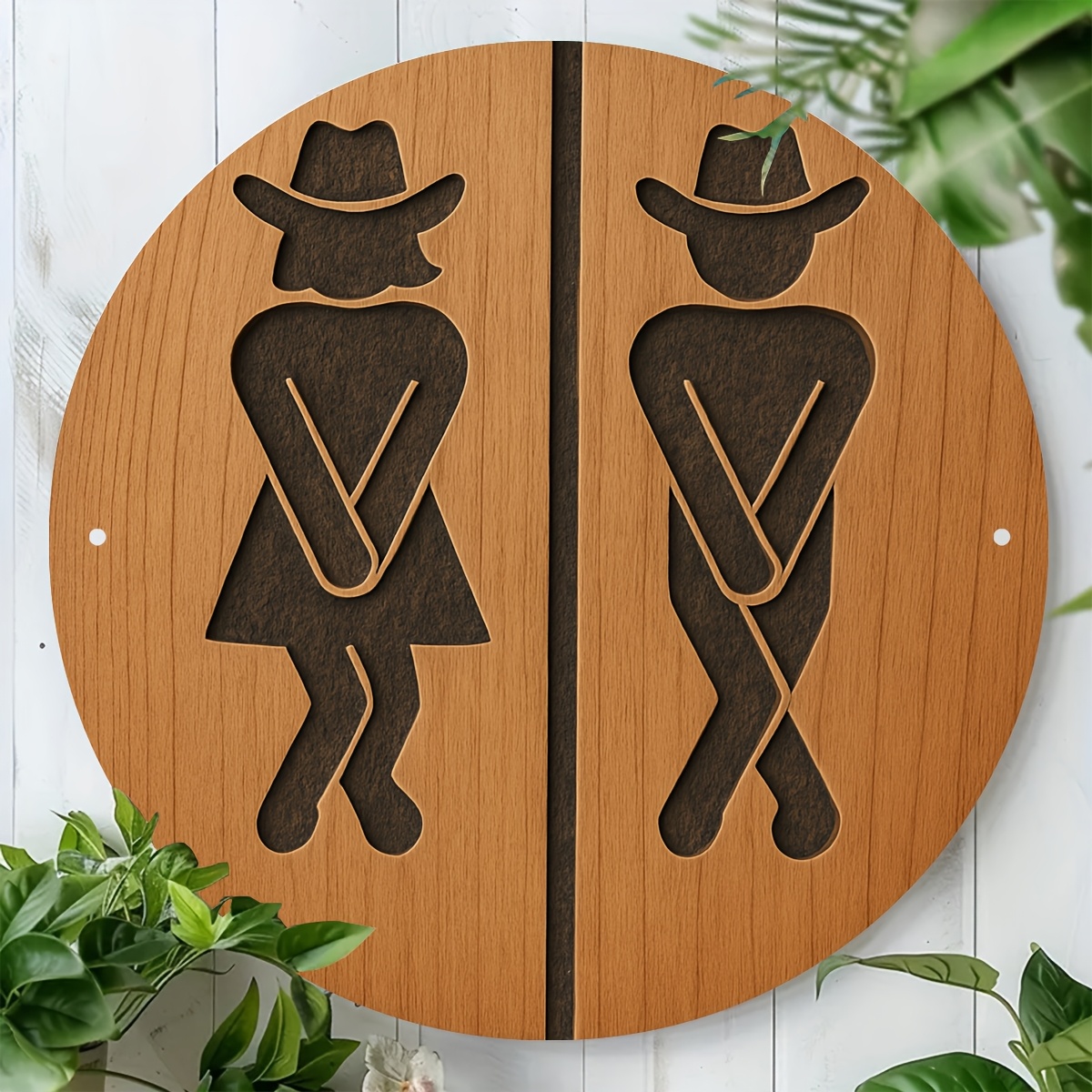 TEMU 2d Flat Printing, Western Cowboy Style Bathroom Sign, Round Wooden Wall Decor, Humorous Toilet Door Sign, And Farmhouse Porch Decoration, Ideal