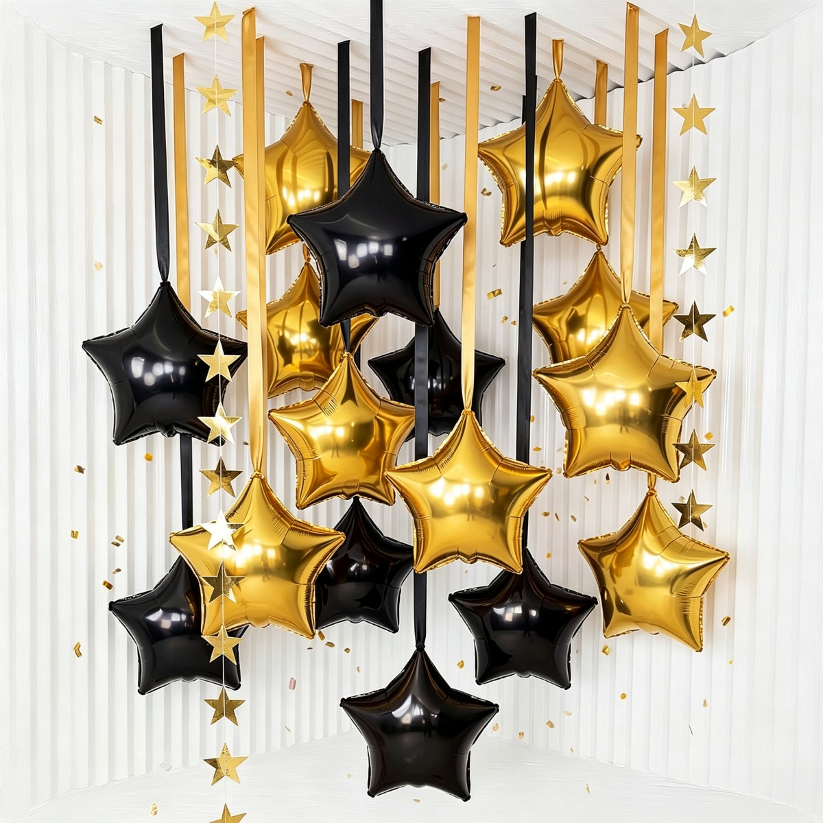 TEMU Juego de 21 piezas de globos de lámina de y negra de 18 pulgadas, globos metálicos de y negra, pancarta de estrellas y cinta para techo, adornos