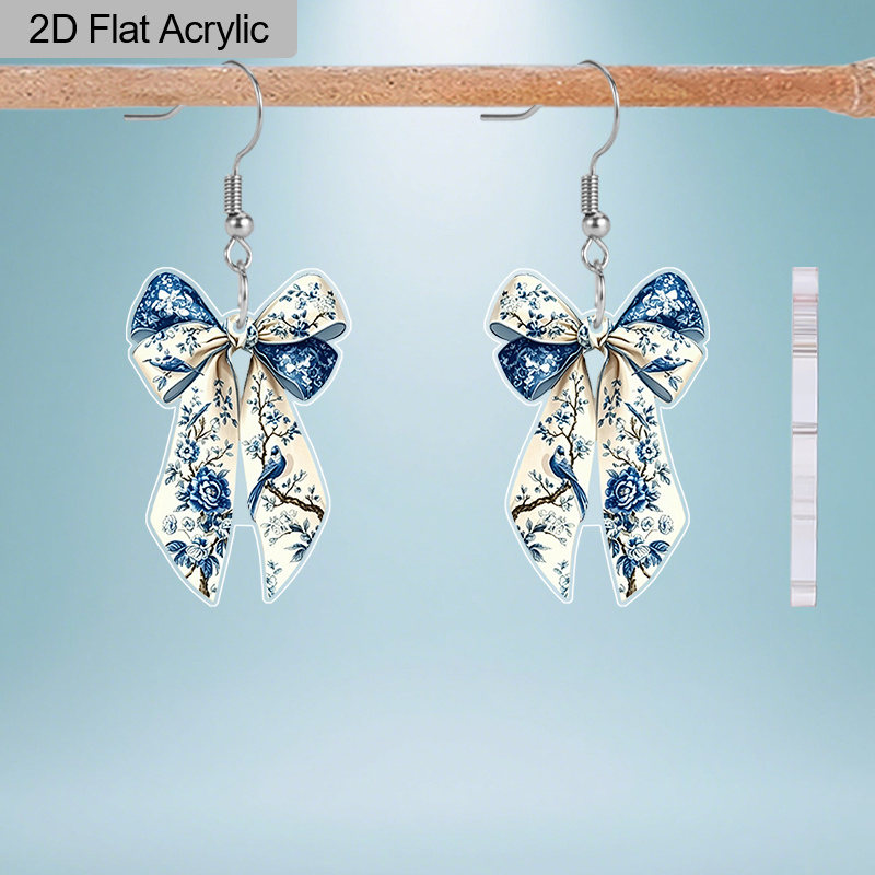 TEMU 2d Flat, 2d Flat Vintage Chinoiserie Bow Acrylic Earrings, Soft Romantic Statement Earrings, Chinoiserie Accessory, Lady's Fashionable