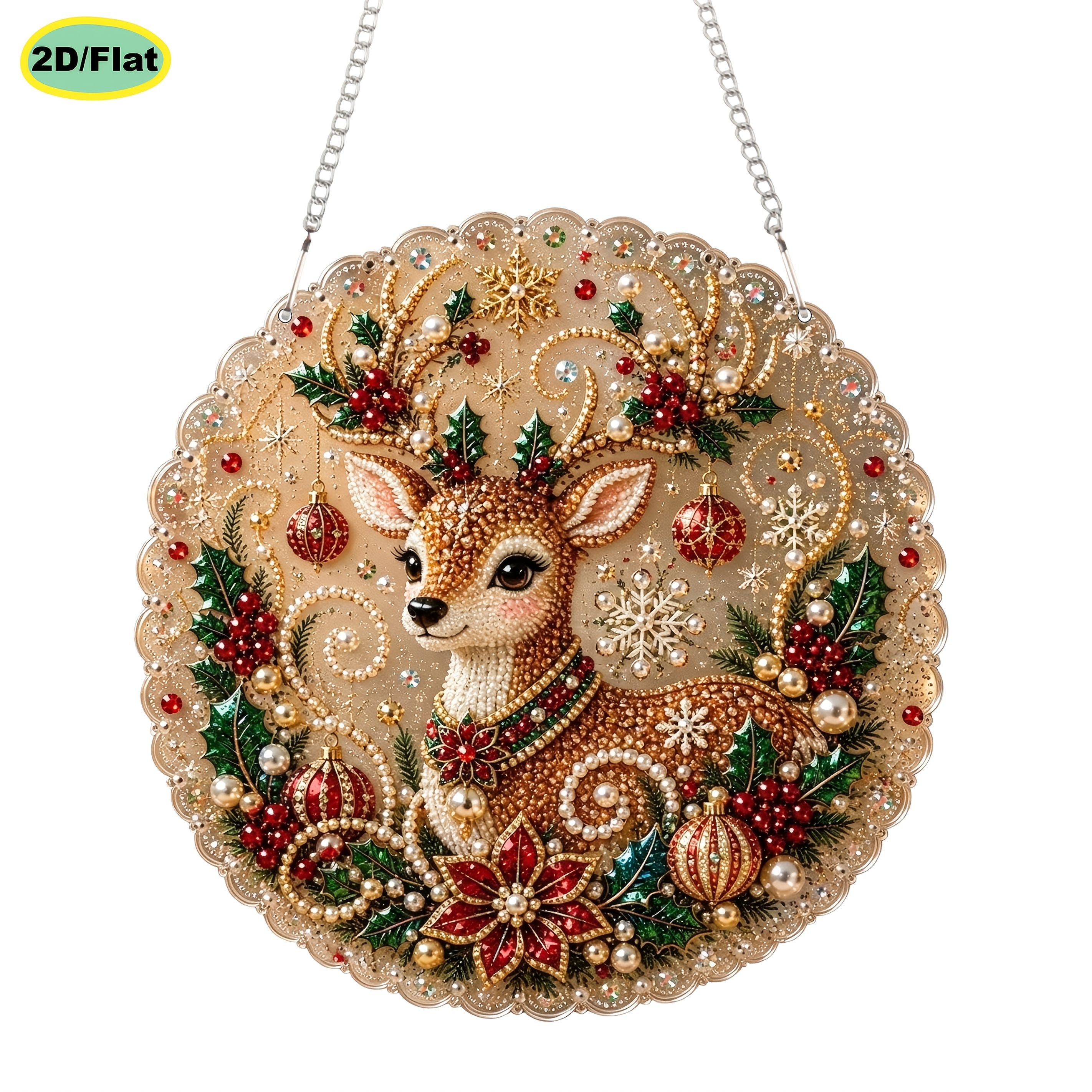 TEMU 2d Flat - 1pc Christmas Reindeer Theme 5d Pearl Diamond Painting Pendant 2d Flat Acrylic Tag Full Set Drill Materials Bag Easy To Make Entrance,