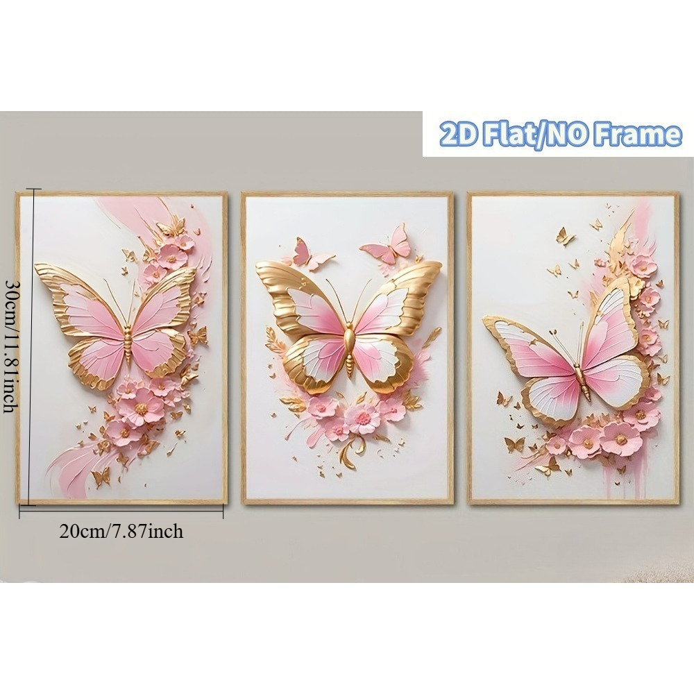 TEMU Plat 2D, 3 pièces d'art mural sur toile plat 2D cadre sur le thème floral de papillons roses, convient pour Halloween, Noël, l'hiver et l'été,