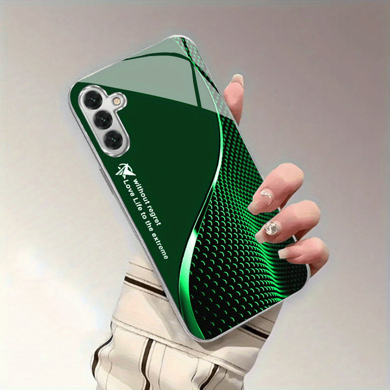 TEMU Phone Case - Luxury Emerald Green Popular High-end Business Curve Print Pattern Trendy Fashion New Electroplated Glass Phone Case Suitable For