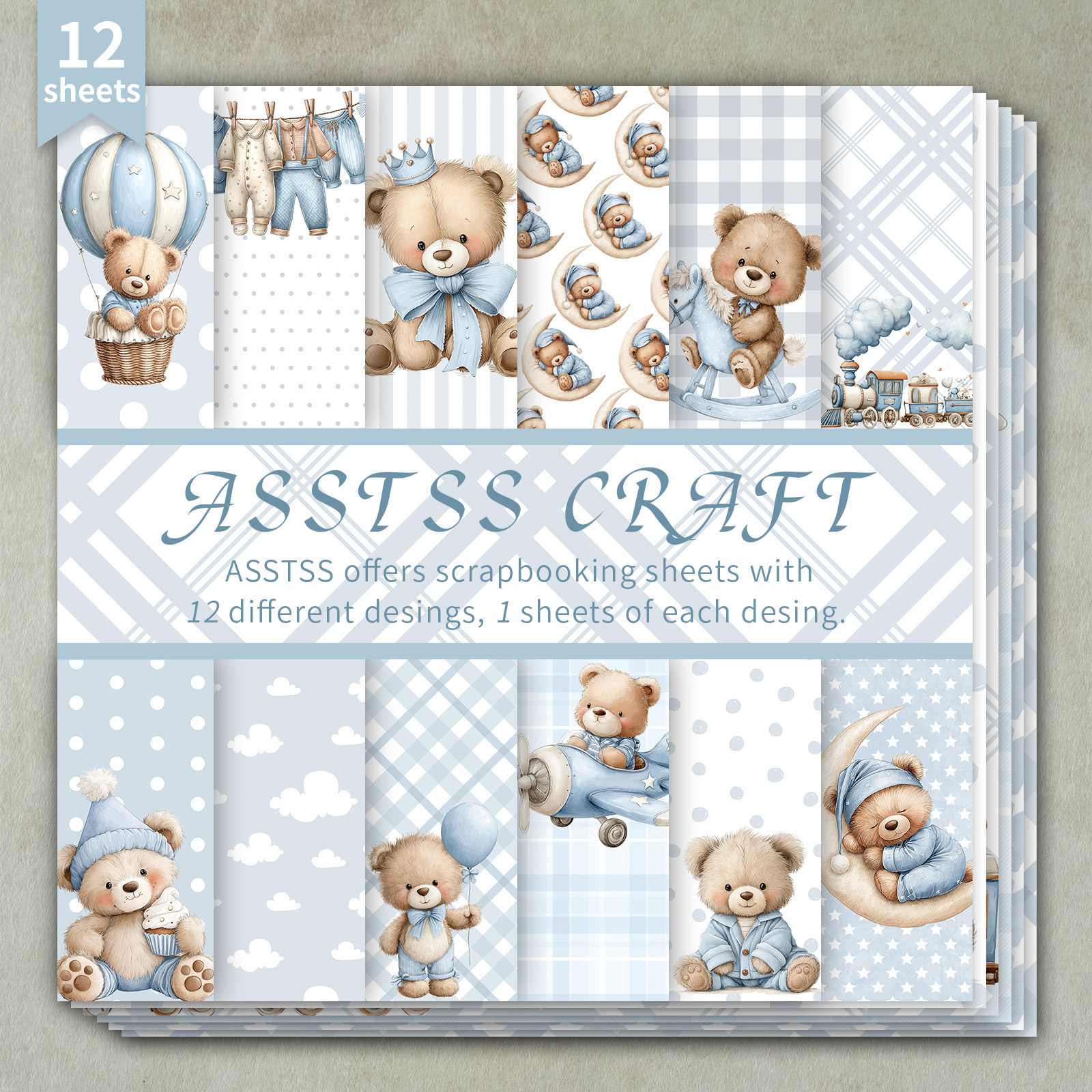TEMU 12-sheet Asstss Scrapbooking Paper Pad Suitable For Journaling, Collage Art & Crafts - Heavyweight Cardstock With Teddy Bear Baby Warm Style