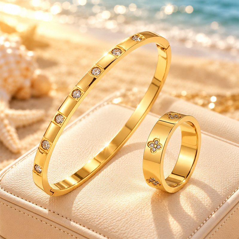 Segmented Slim Bangle with Round Inlays & Flower Wide Ring Set