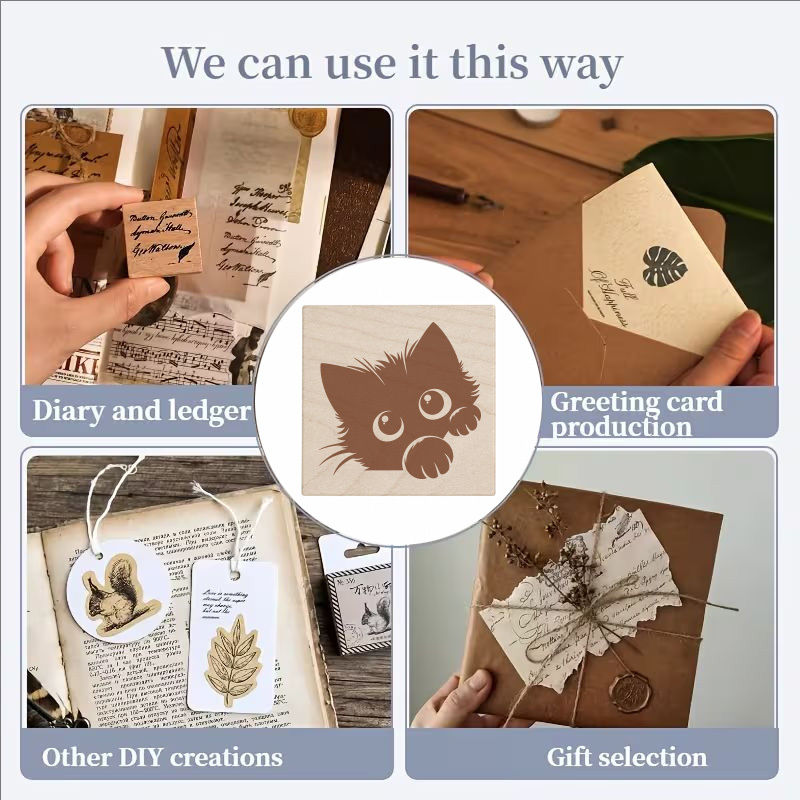 Fluffy Cat Square Wooden Rubber Stamp for Decorative Journals