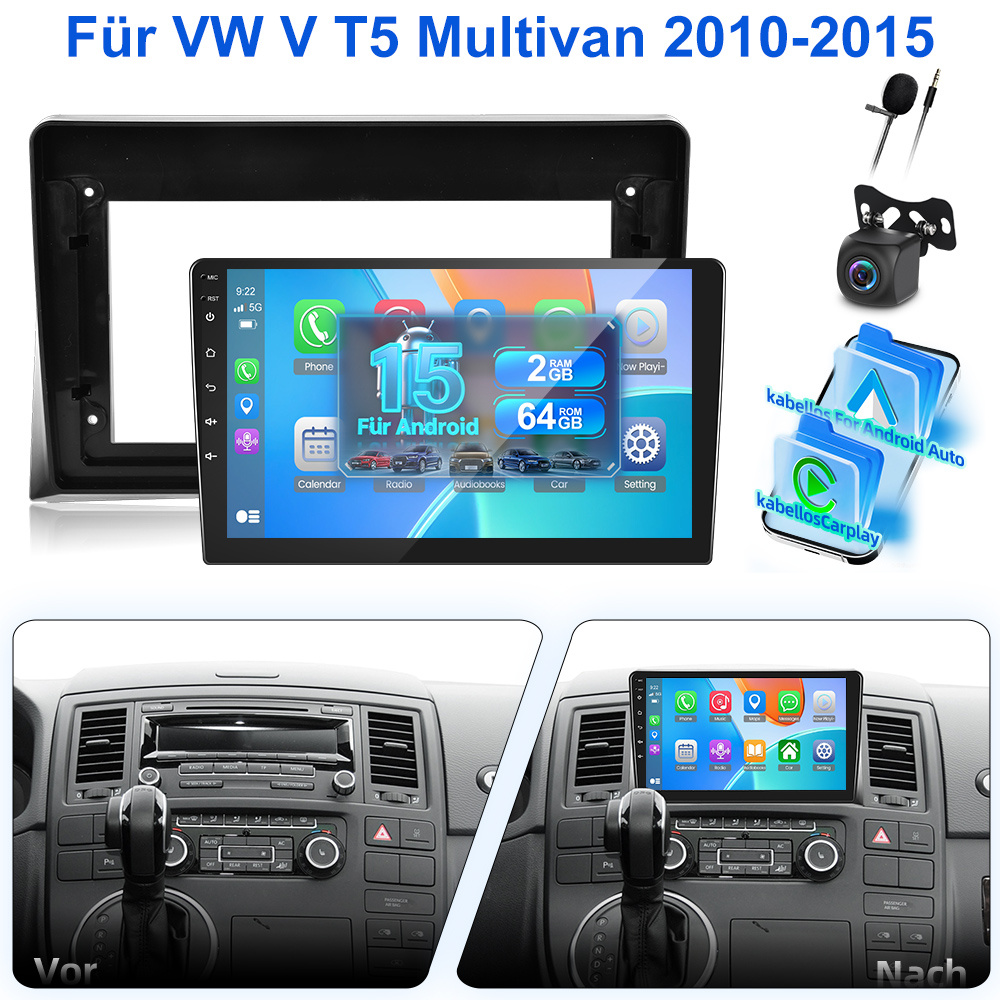 Image of 15 Car Radio 2gb+64gb Carplay Autoradio Radio For Vw V T5 2010-2015 Car Stereo With Auto, 9 Inch 1080p 2.5d Touch Screen Radio With Gps, Wifi, Eq, Bt, Swc